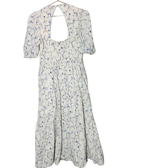 Nicholas Celie White Blue Floral Button Front Print Puff Sleeve Maxi Dress Sz 6 - Picture 3 of 16